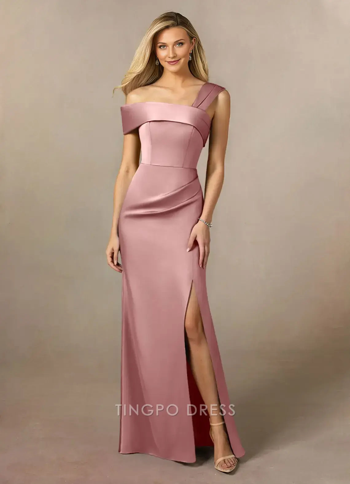 TingPo Wholesale Elegant Mother of the Bride Dresses Dusty Rose Mermaid Pleated Stretch Satin Dress hot sale for ladies